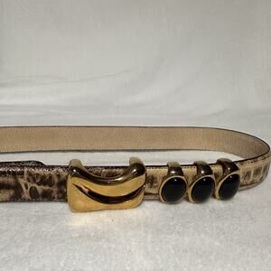 Terry Stack Italian Leather Alligator Pattern Adjustable 2 Belt Gold Buckle M